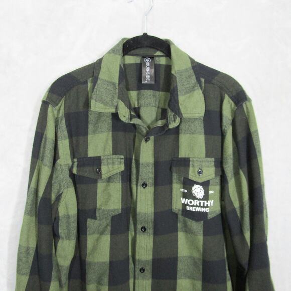 Burnside Flannel Shirt Mens Large Plaid Button Up Worthy Brewing Brewing Company - Picture 2 of 10